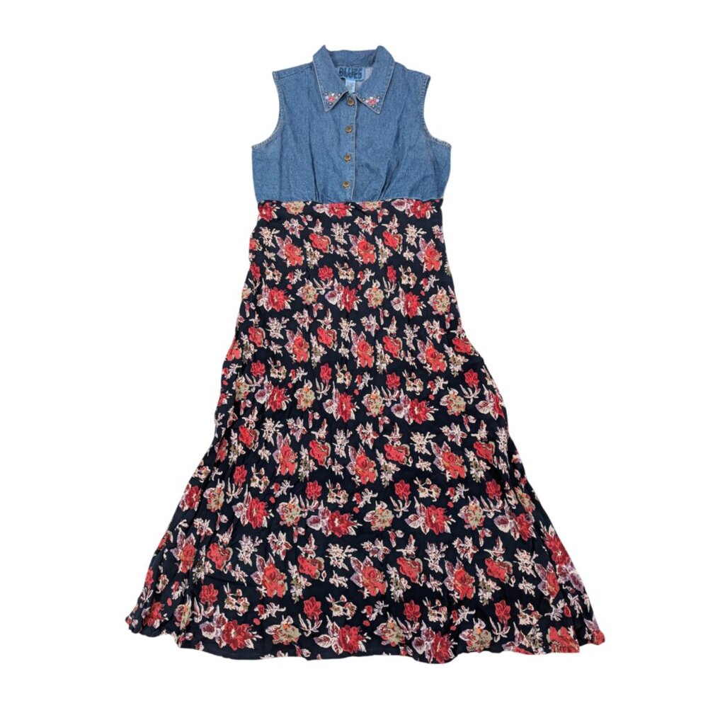 VINTAGE Denim & Floral Dress M Embroidered Collar Cotton Rayon Matilda Ms. Honey